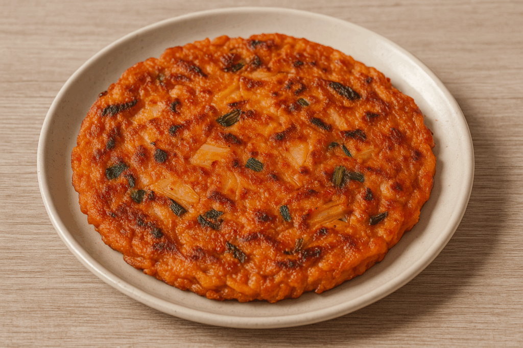 노릇하게 구워진 김치전 접시